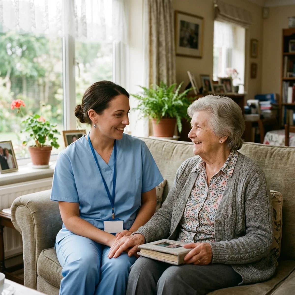 A home health nurse sitting with an elderly woman in her living room