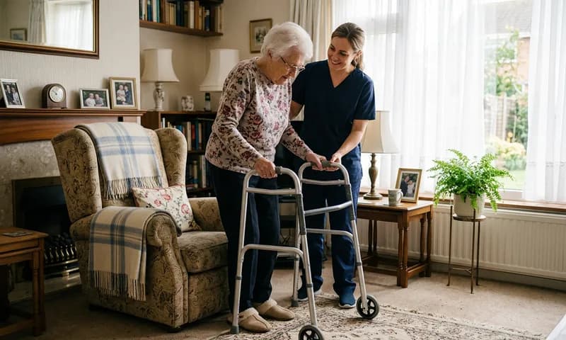 An aide supporting an elderly woman as she walks with a rolling walker