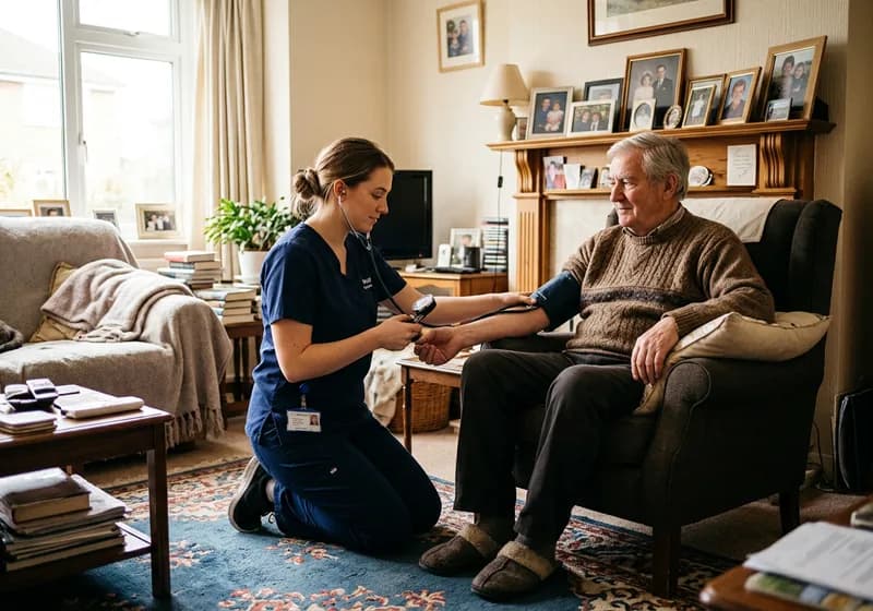 A home health nurse checking an older man's blood pressure in his living room