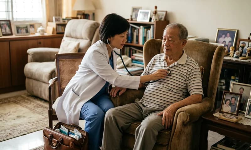 A physician listening to an older man's chest during a home visit