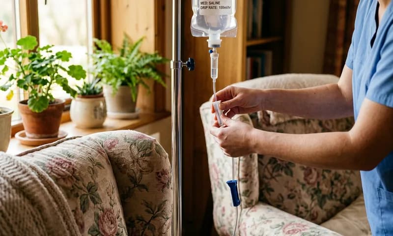 A nurse adjusting an infusion line beside an armchair in a sunlit living room