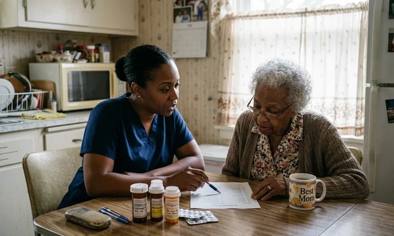 A nurse reviewing a medication list with an older woman at her kitchen table