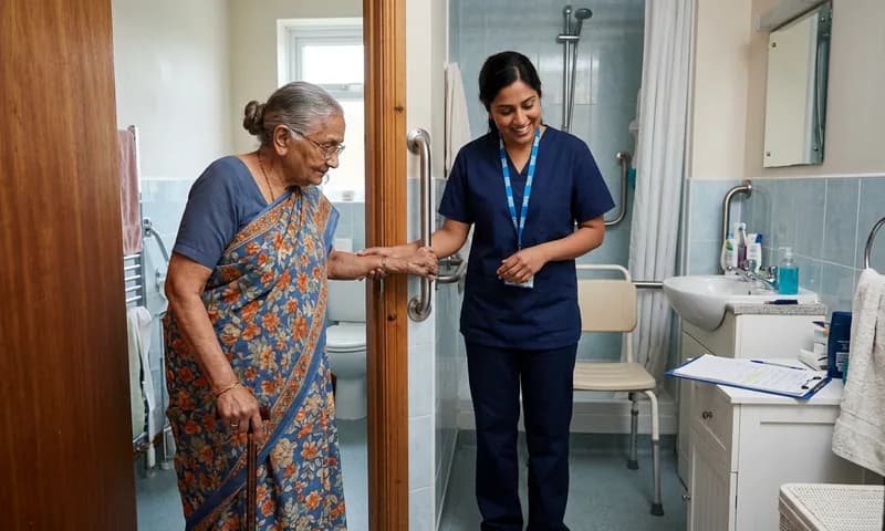 An occupational therapist showing a patient how to use a bathroom grab bar
