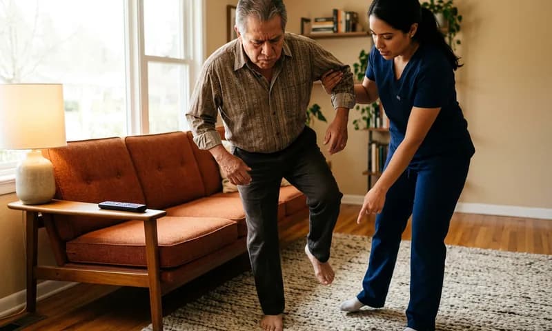 A physical therapist steadying an older man during a balance exercise at home