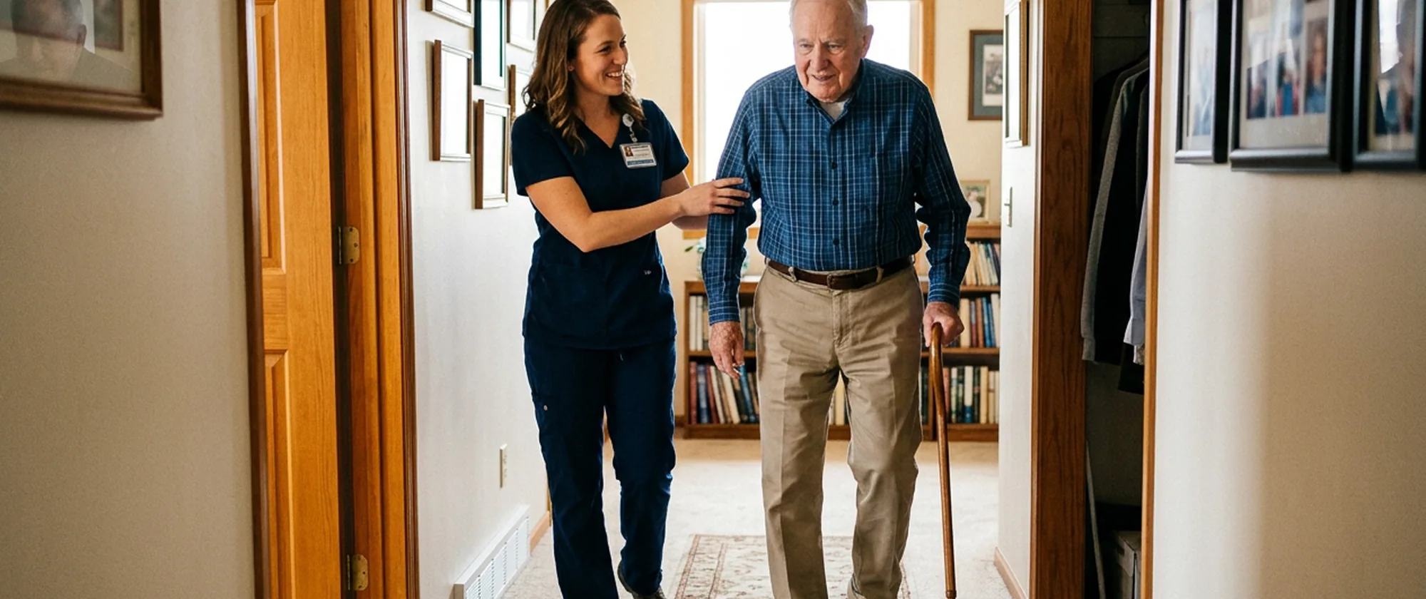 A therapist walking alongside an older man using a cane in his hallway