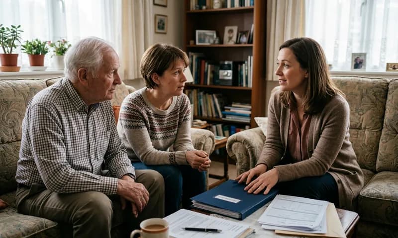 A medical social worker talking with a patient and his daughter at home