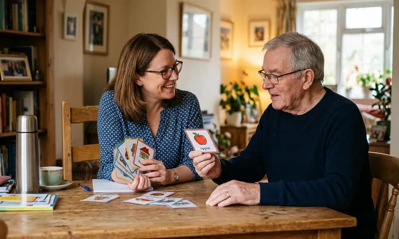 A speech therapist working through picture cards with an older man at a table